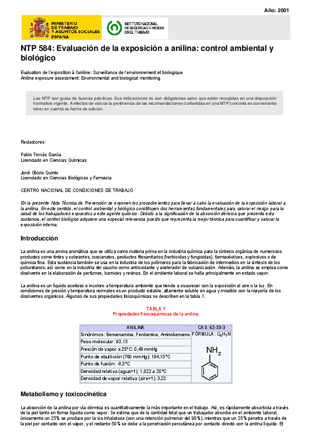 Primera página del documento NTP 584: Evaluación de la exposición a anilina: control ambiental y biológico.