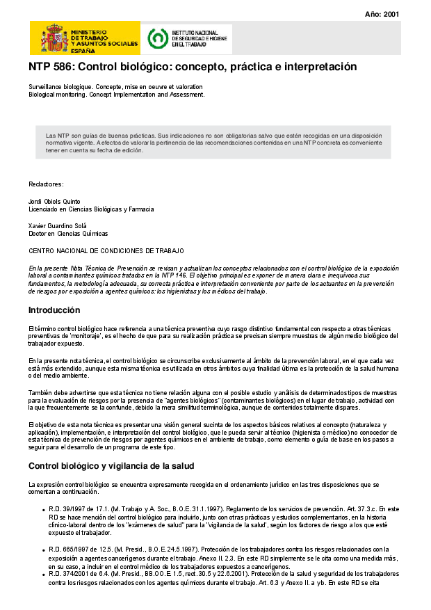 Primera página del documento NTP 586: Control Biológico: concepto, práctica e interpretación - Año 2001
