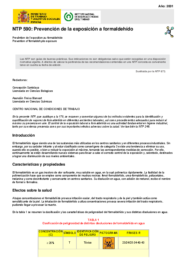 Primera página del documento NTP 590: Prevención de la exposición a formaldehído.