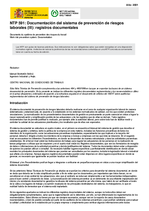 Primera página del documento NTP 591: Documentación del sistema de prevención de riesgos laborales (III): registros documetnales.