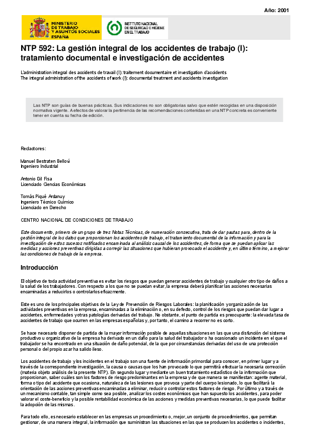 Primera página del documento NTP 592: La gestión integral de los accidentes de trabajo (I): tratamiento documental e investigación de accidentes.