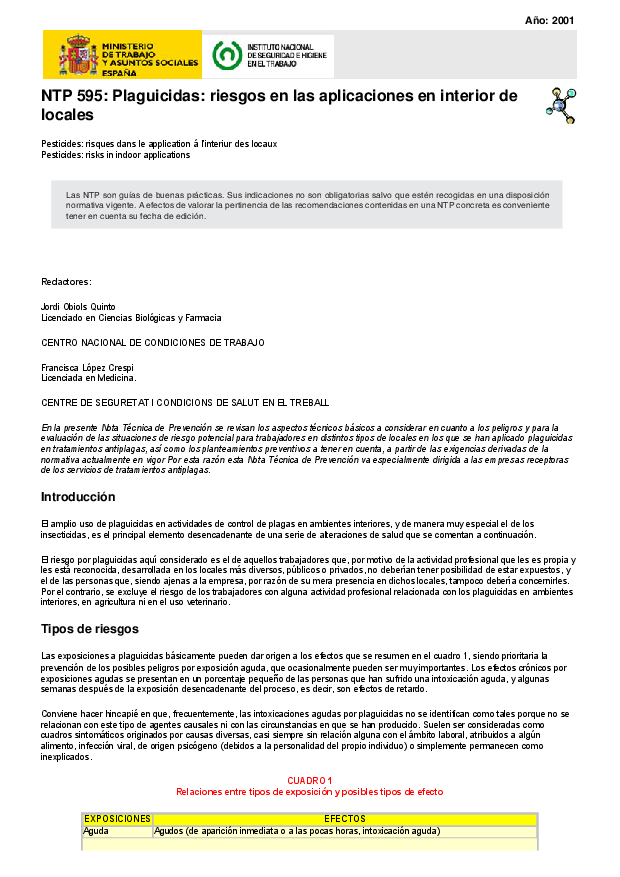 Primera página del documento NTP 595: Plaguicidas: riesgos en las aplicaciones en interior de locales.