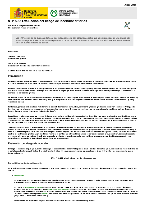 Primera página del documento NTP 599: Evaluación del riesgos de incendio: criterios.