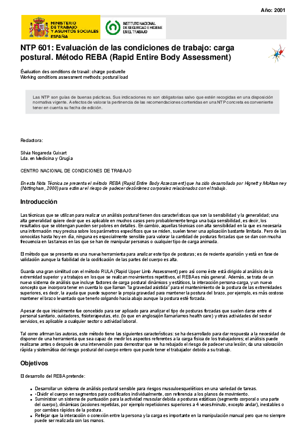 Primera página del documento NTP 601: Evaluación de las condiciones de trabajo: carga postural. Método REBA (Rapid Entire Body Assessment).