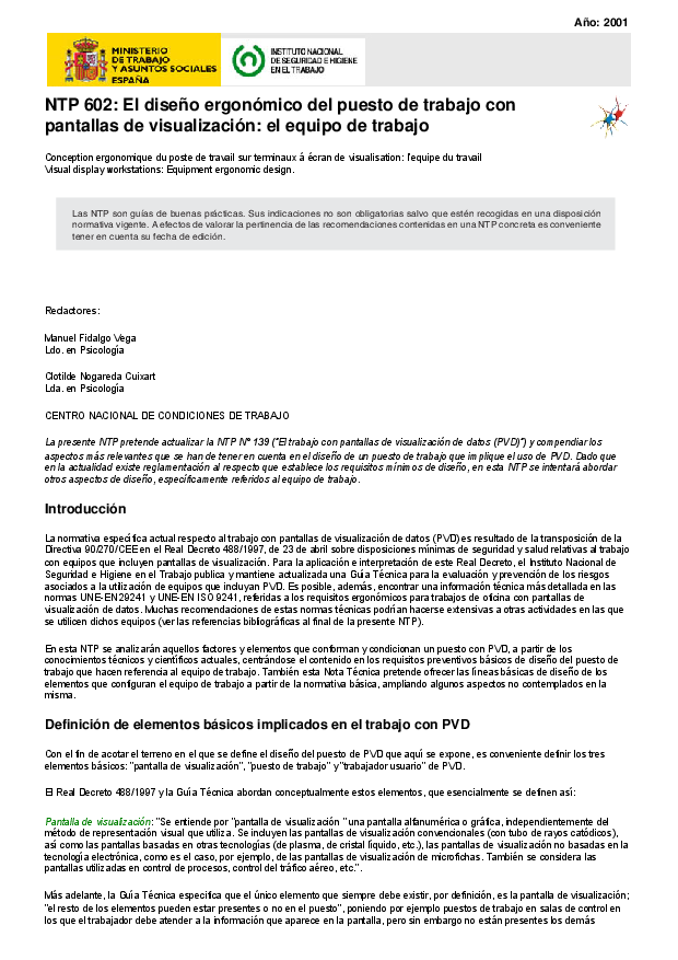 Primera página del documento NTP 602: El diseño ergonómico del puesto de trabajo con pantallas de visualización: el equipo de trabajo.
