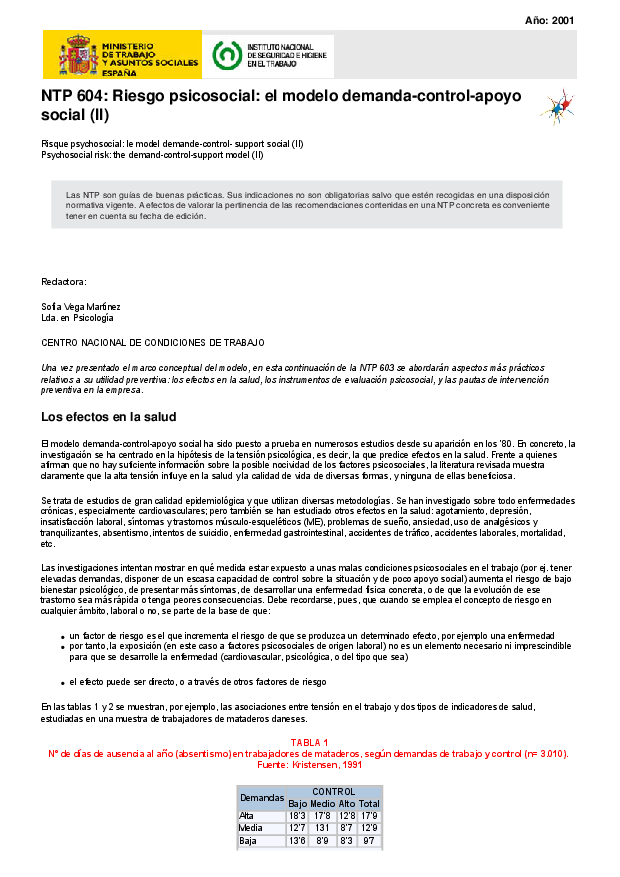 Primera página del documento NTP 604: Riesgo psicosocial: el modelo demanda-control-apoyosocial (II).