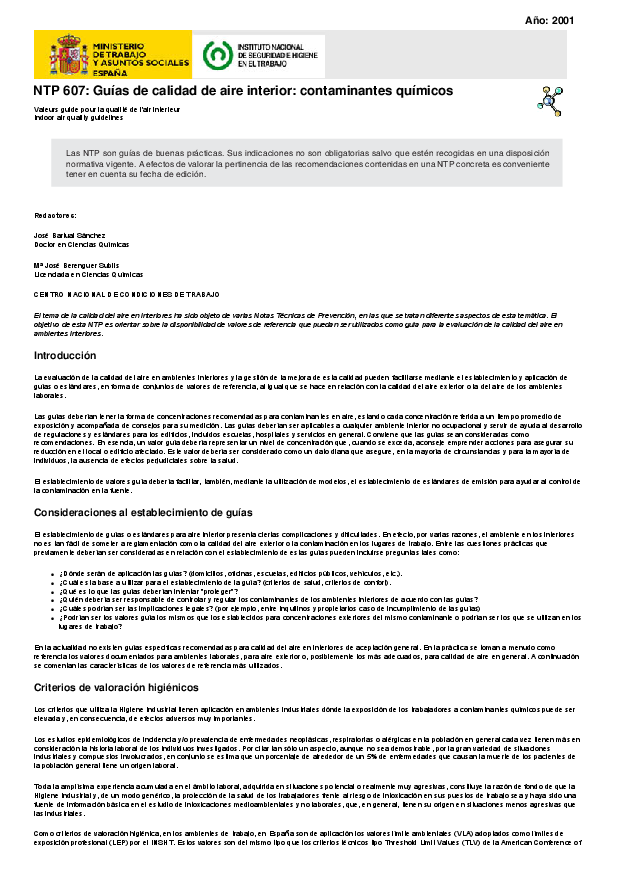 Primera página del documento NTP 607: Guías de calidad de aire interior: contaminantes químicos.