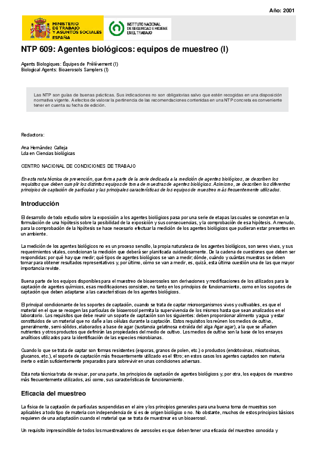 Primera página del documento NTP 609: Agentes biológicos: equipos de muestreo (I) - Año 2001