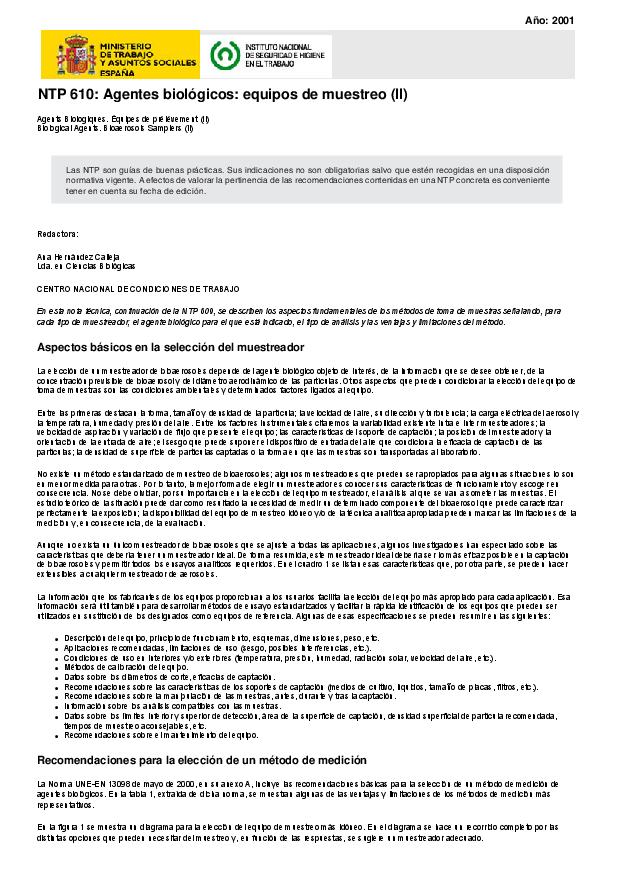Primera página del documento NTP 610: Agentes biológicos: equipos de muestreo (II) - Año 2001