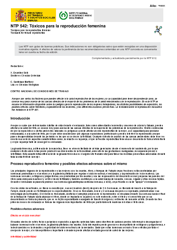 Primera página del documento NTP 542: Tóxicos para la reproducción femenina.