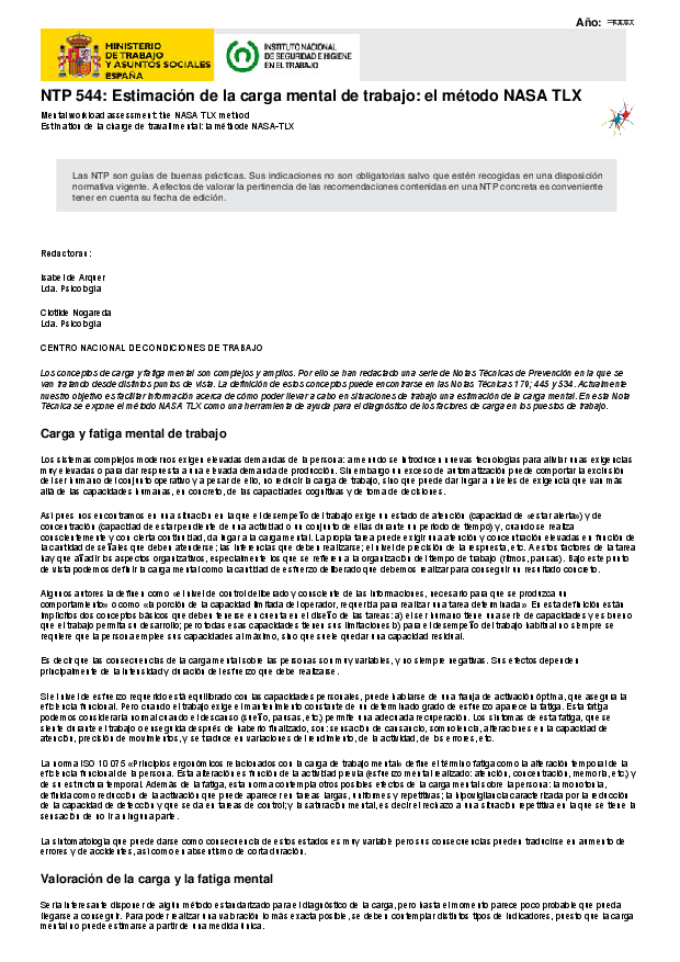 Primera página del documento NTP 544: Estimación de la carga mental de trabajo: el método NASA-TLX