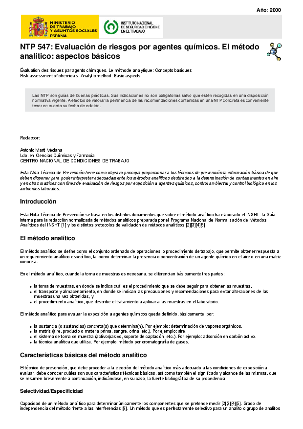 Primera página del documento NTP 547: Evaluación de riesgos por agentes químicos. El método analítico: aspectos básicos.