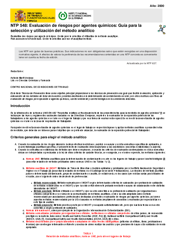 Primera página del documento NTP 548: Evaluación de riesgos por agentes químicos: Guía para la selección y utilización del método analítico.