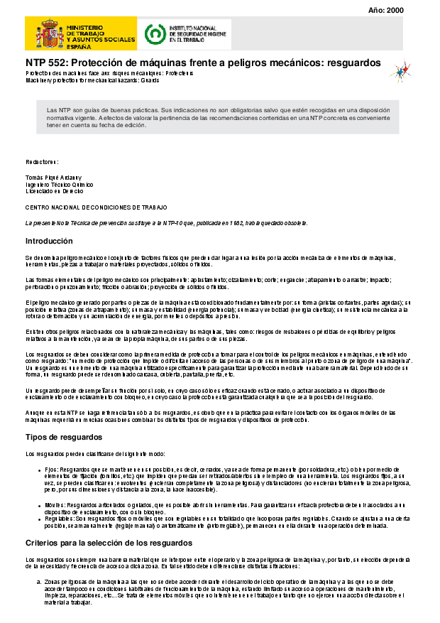 Primera página del documento NTP 552: Protección de máquinas frente a peligros mecánicos: resguardos.