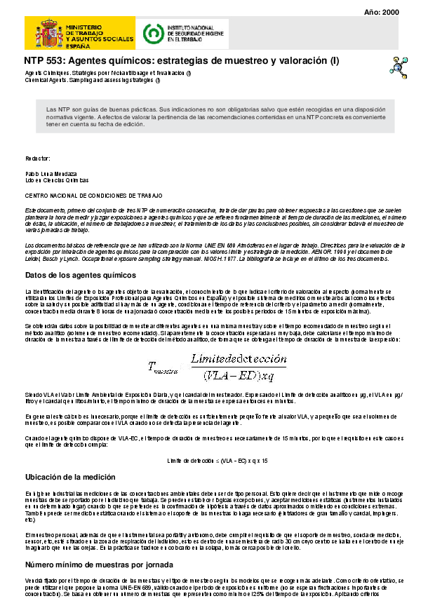 Primera página del documento NTP 553: Agentes químicos: estrategias de muestreo y valoración (I).