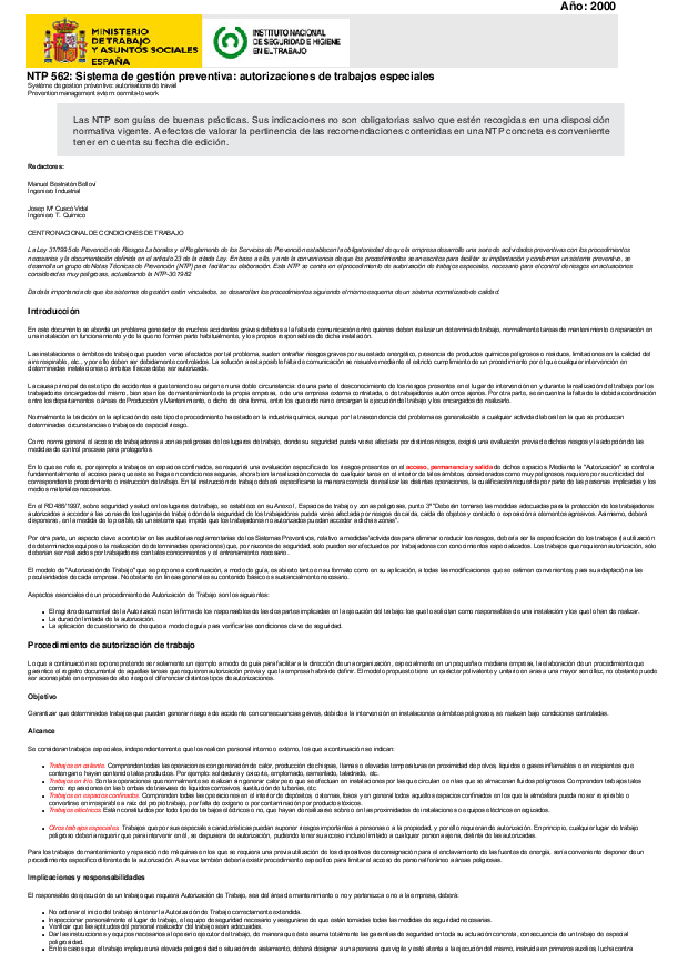 Primera página del documento NTP 562: Sistema de gestión preventiva: autorizaciones de trabajos especiales.