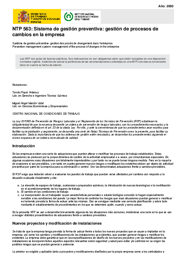 Primera página del documento NTP 563: Sistema de gestión preventiva: gestión de procesos de cambios en la empresa.