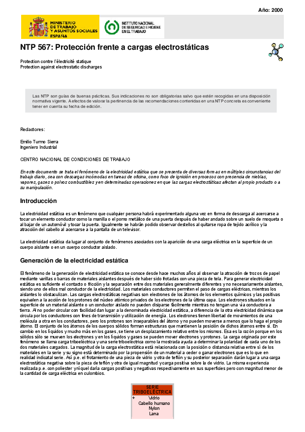 Primera página del documento NTP 567: Protección frente a cargas electrostaticas.