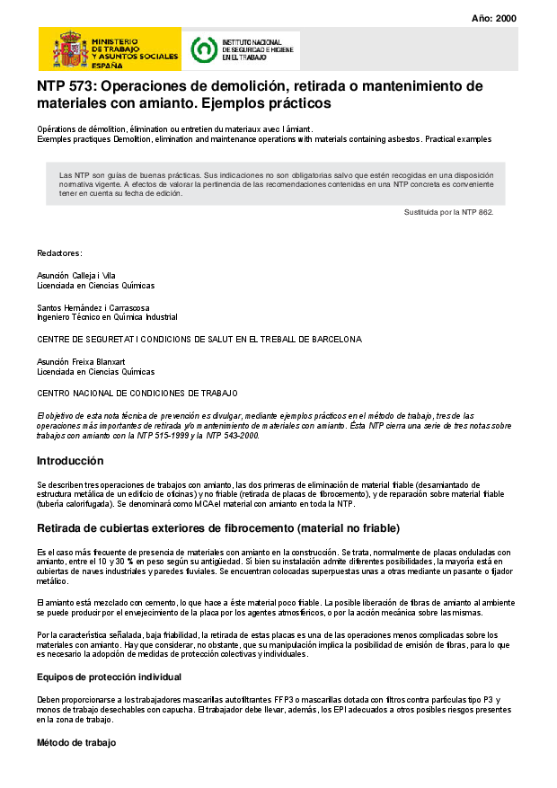 Primera página del documento NTP 573: Operaciones de demolición, retirada o mantenimiento de materiales con amianto. Ejemplos prácticos.