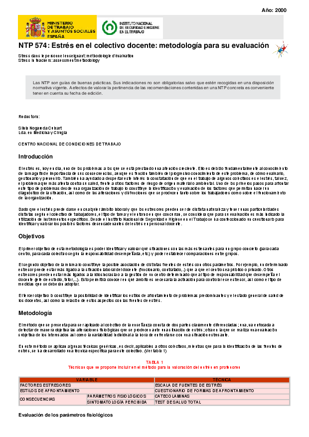 Primera página del documento NTP 574: Estrés en el colectivo docente: metodología para su evaluación.