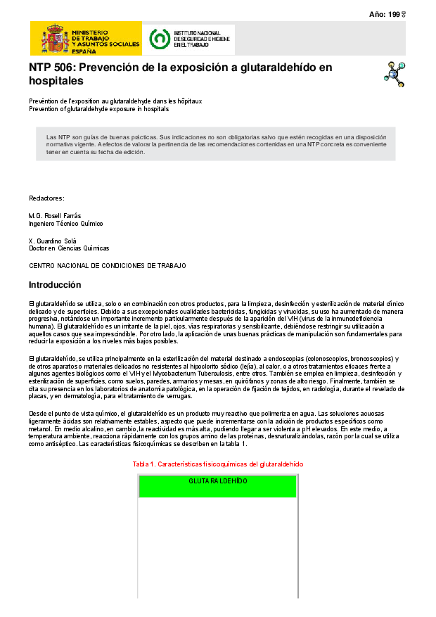Primera página del documento NTP 506: Prevención de la exposición a glutaraldehído en hospitales