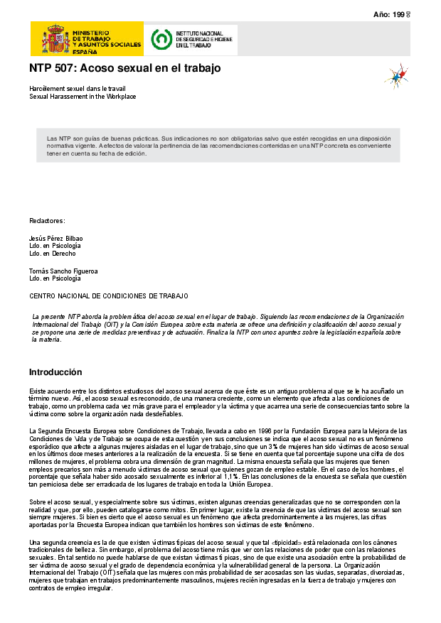 Primera página del documento NTP 507: Acoso sexual en el trabajo