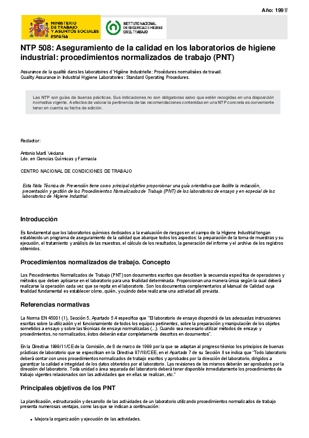Primera página del documento NTP 508: Aseguramiento de la calidad en los laboratorios de higiene industrial: procedimientos normalizados de trabajo (PNT)