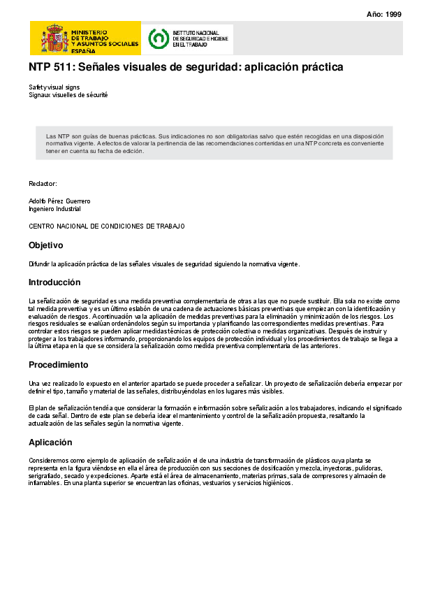 Primera página del documento NTP 511: Señales visuales de seguridad: aplicación práctica