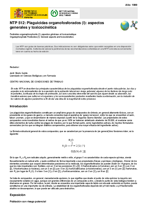 Primera página del documento NTP 512: Plaguicidas organofosforados (I): aspectos generales y toxicocinética