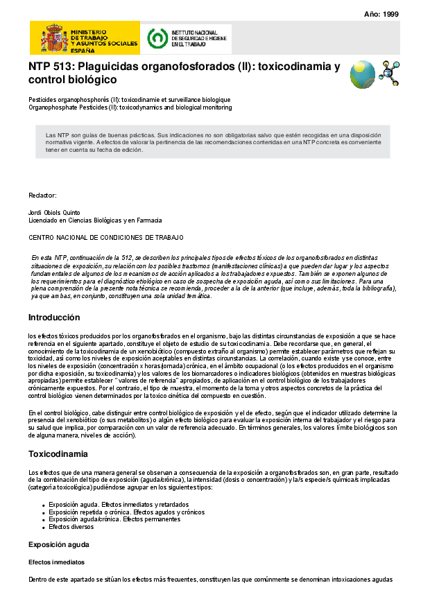 Primera página del documento NTP 513: Plaguicidas organofosforados (II): toxicodinamia y control biológico