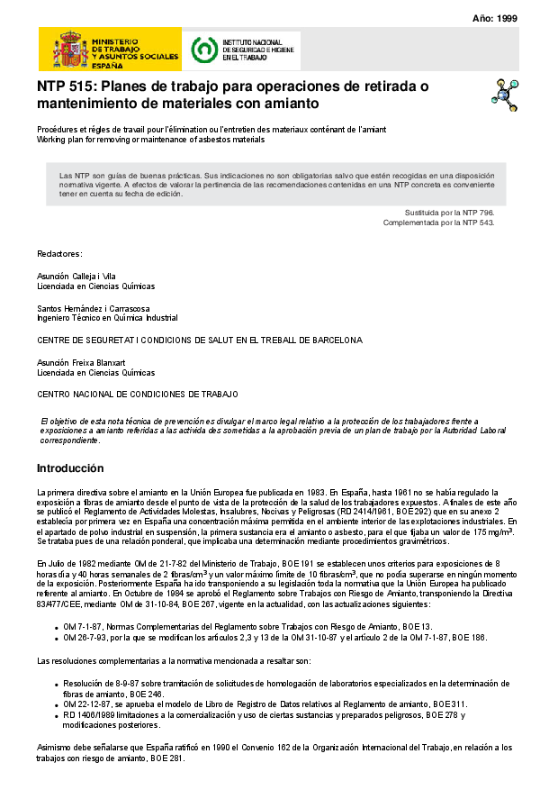 Primera página del documento NTP 515: Planes de trabajo para operaciones de retirada o mantenimiento de materiales con amianto