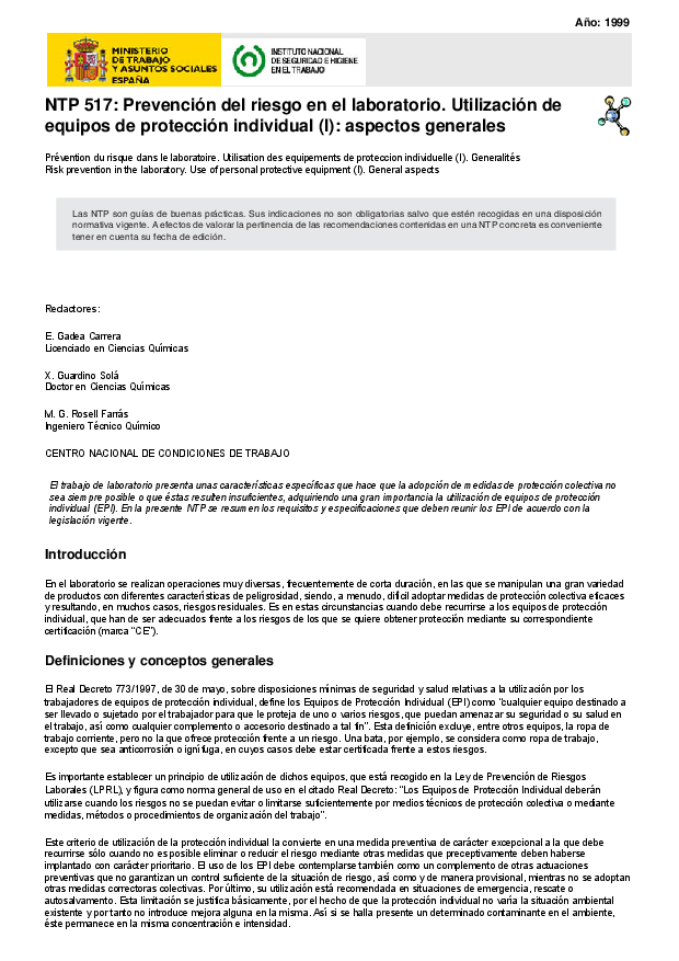 Primera página del documento NTP 517: Prevención del riesgo en el laboratorio. Utilización de equipos de protección individual (I): aspectos generales