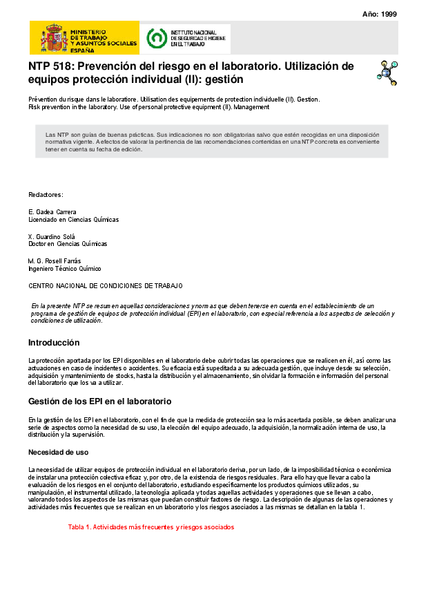 Primera página del documento NTP 518: Prevención del riesgo en el laboratorio. Utilización de equipos protección individual (II): gestión