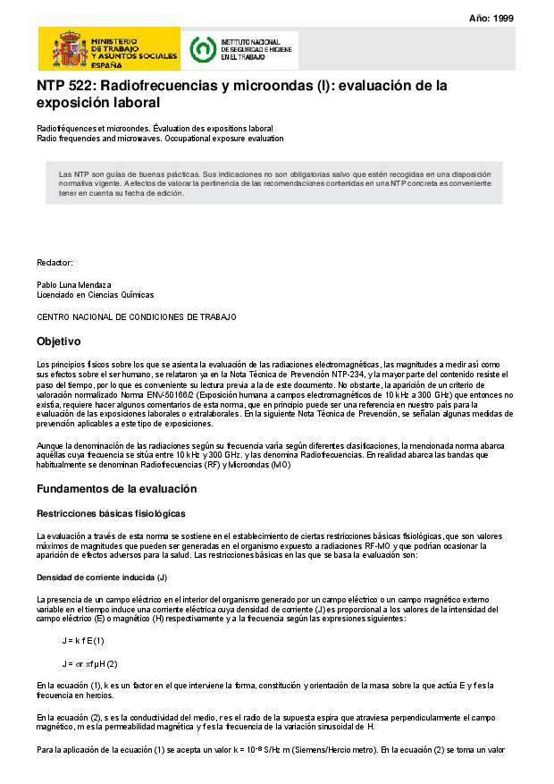 Primera página del documento NTP 522: Radiofrecuencias y microondas (I): evaluación de la exposición laboral
