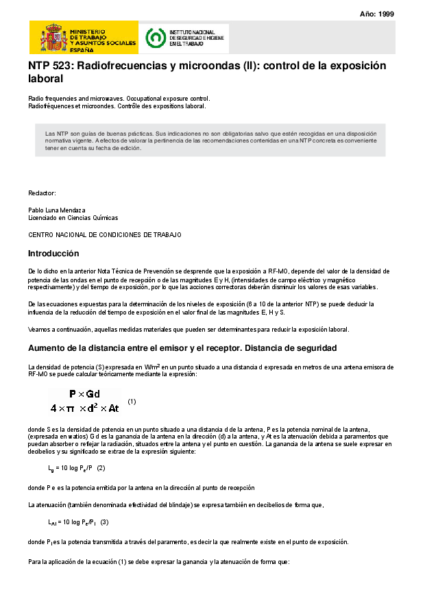 Primera página del documento NTP 523: Radiofrecuencias y microondas (II): control de la exposición laboral