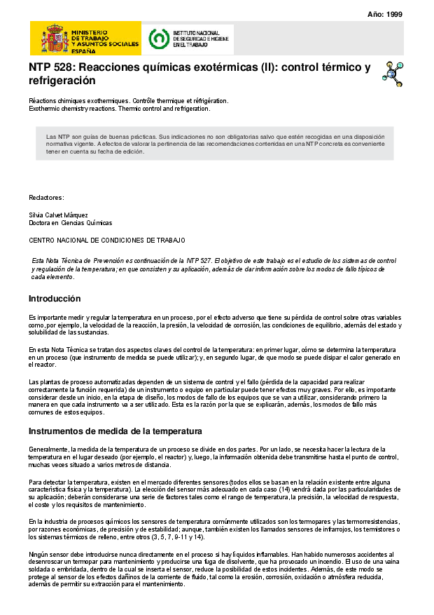 Primera página del documento NTP 528: Reacciones químicas exotérmicas (II): control térmico y refrigeración