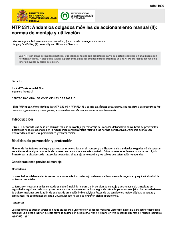 Primera página del documento NTP 531: Andamios colgados móviles de accionamiento manual (II): normas de montaje y utilización