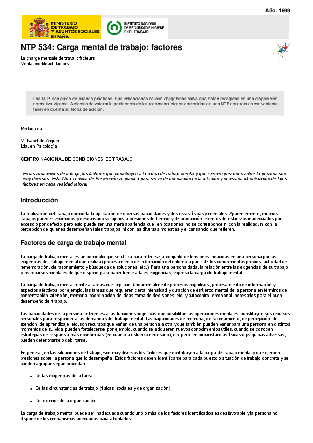 Primera página del documento NTP 534: Carga mental de trabajo: factores