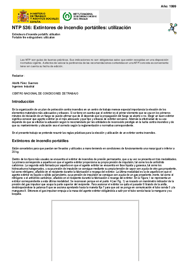 Primera página del documento NTP 536: Extintores de incendio portátiles: utilización