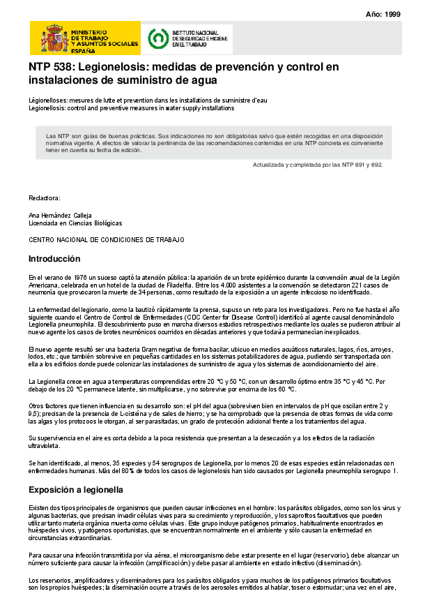 Primera página del documento NTP 538: Legionelosis: medidas de prevención y control en instalaciones de suministro de agua