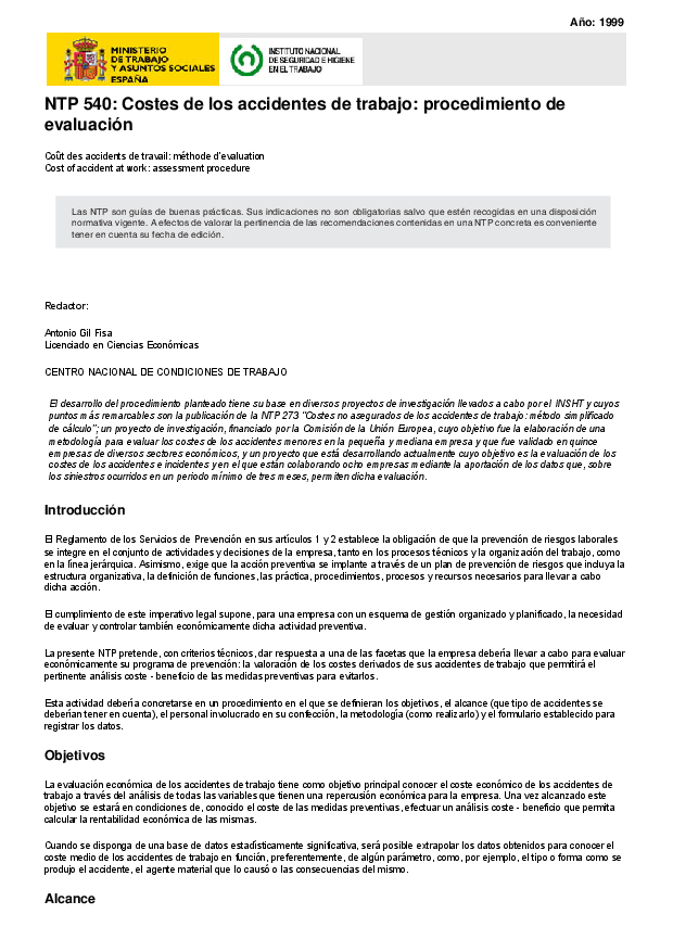 Primera página del documento NTP 540: Costes de los accidentes de trabajo: procedimiento de evaluación