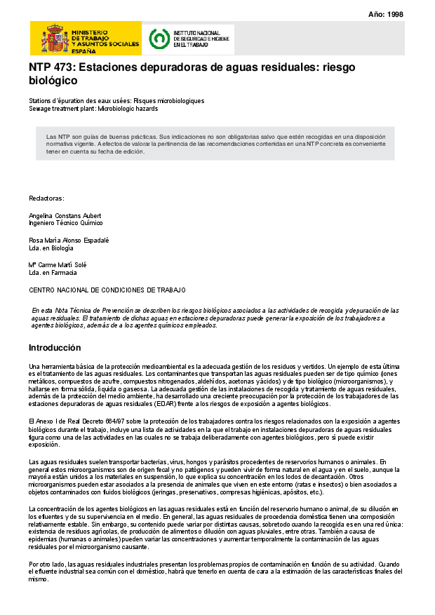 Primera página del documento NTP 473: Estaciones depuradoras de aguas residuales: riesgo biológico