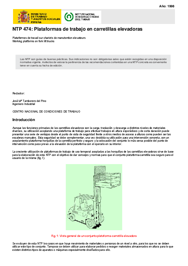 Primera página del documento NTP 474: Plataformas de trabajo en carretillas elevadoras