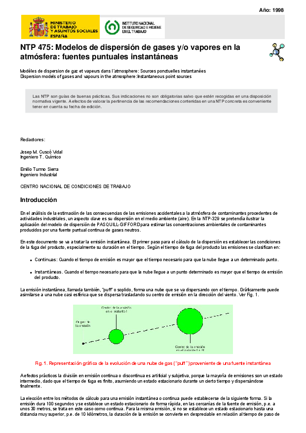 Primera página del documento NTP 475: Modelos de dispersión de gases y/o vapores en la atmósfera: fuentes puntuales instantáneas