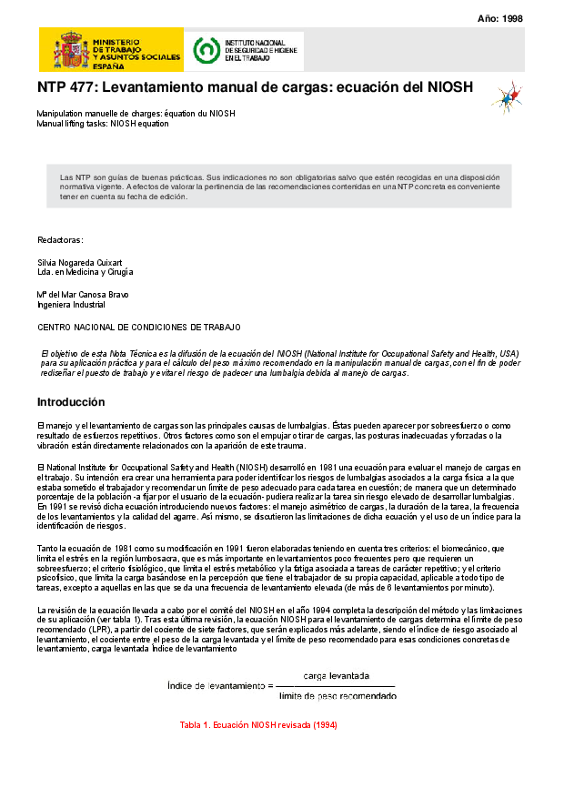 Primera página del documento NTP 477: Levantamiento manual de cargas: ecuación del NIOSH