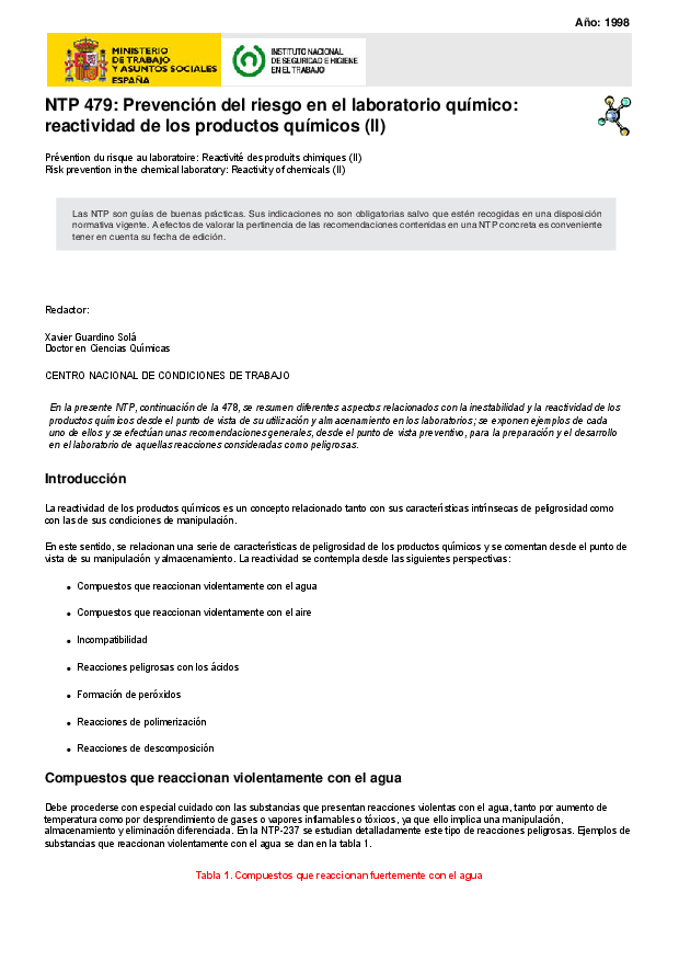Primera página del documento NTP 479: Prevención del riesgo en el laboratorio químico: reactividad de los productos químicos (II)