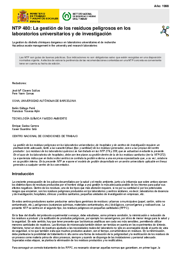 Primera página del documento NTP 480: La gestión de los residuos peligrosos en los laboratorios universitarios y de investigación