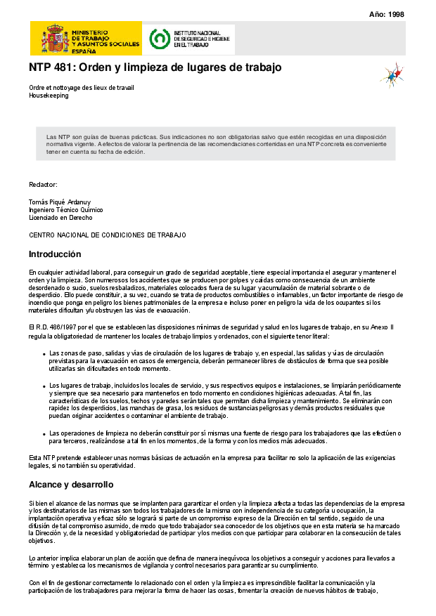 Primera página del documento NTP 481: Orden y limpieza de lugares de trabajo - Año 1999