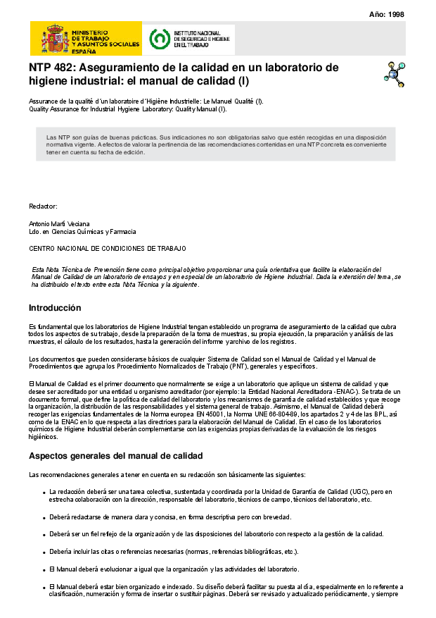 Primera página del documento NTP 482: Aseguramiento de la calidad en un laboratorio de higiene industrial: el manual de calidad (I)