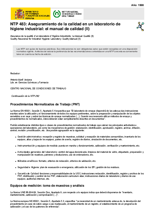 Primera página del documento NTP 483: Aseguramiento de la calidad en un laboratorio de higiene industrial: el manual de calidad (II)